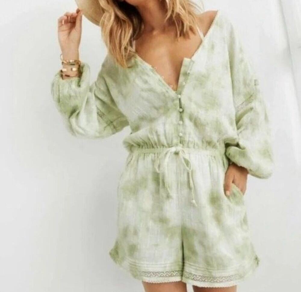 Aerie Tie Dye Romper XS Green Long Sleeve Button Front Boho Beach